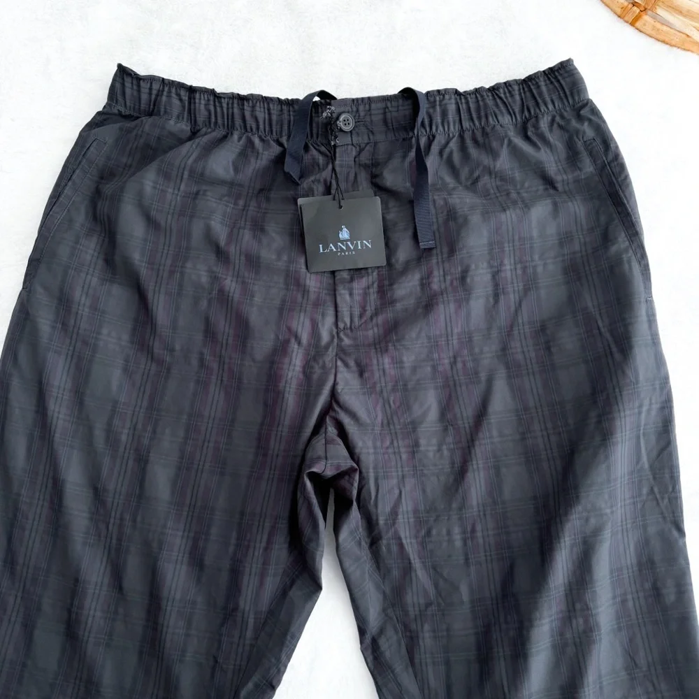 Lanvin Men’s Plaid Check Pants Lounge Elastic Waist Pockets Gray Navy Trousers